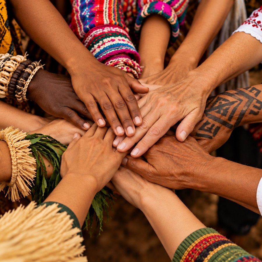 Mãos de pessoas de diferentes culturas unidas no centro de um círculo