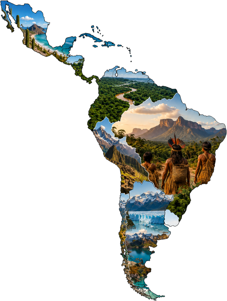 Mapa da América Latina formado por fotos de suas paisagens e povos